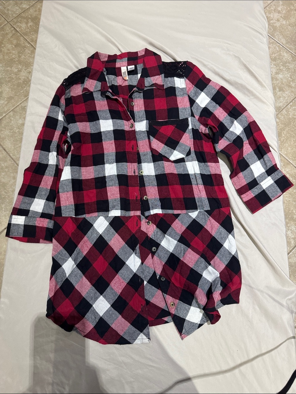 Route 66 Red Black White Plaid Button-Up Shirt with Lace Yoke